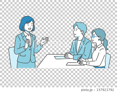面接で自己PRをする女性と面接官のビジネスシーンイラスト 137921792