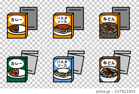 Illustrations of retort pouch foods. Instant curry, pasta sauce, and beef bowl. For emergency food supplies and stockpiling. 137921935
