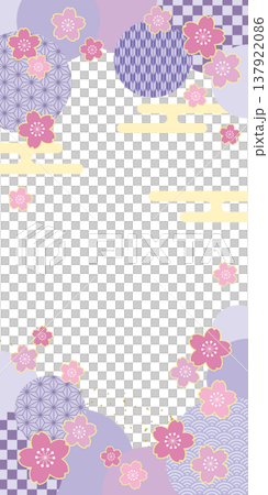 Japanese-style vertical banner frame with Japanese pattern circle and cherry blossoms / purple Japanese-style vertical banner frame with Japanese pattern circle and cherry blossoms / purple 137922086
