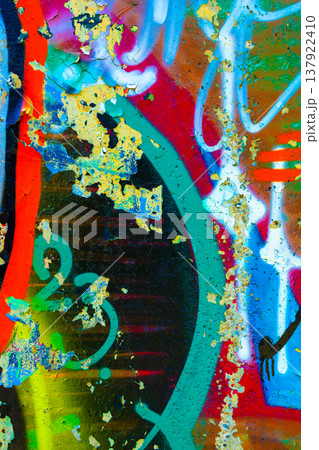 Graffiti on Peeling Paint Surface with Grungy Urban Textures Graffiti on Peeling Paint Surface with Grungy Urban Textures 137922410