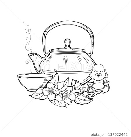 Jasmine Tea in Teapot Outline Illustration. Jasmine Tea in Teapot Outline Illustration. 137922442