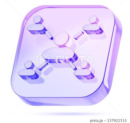 HR management 3d icon, glass holographic square button - person connected by lines with people group. Concept of company human resources, leadership, teamwork, network communication. 3D illustration 137922513