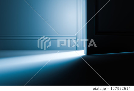 Light Shines Through Slightly Open Door in Dark Room, Concept Background 137922614