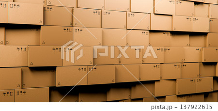 Stacked Cardboard Boxes Wall 3D Render Logistics Warehouse, Concept Background 137922615