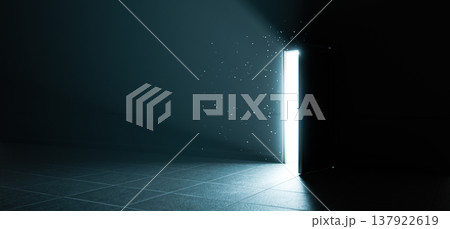 Light Shines Through Slightly Open Door in Dark Room, Concept Background 137922619