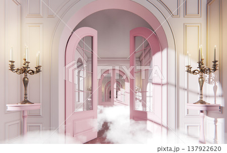 Surreal Dream Pink Baroque Hall with Clouds Heaven Fantasy Portal, 3D Render Surreal Dream Pink Baroque Hall with Clouds Heaven Fantasy Portal, 3D Render 137922620