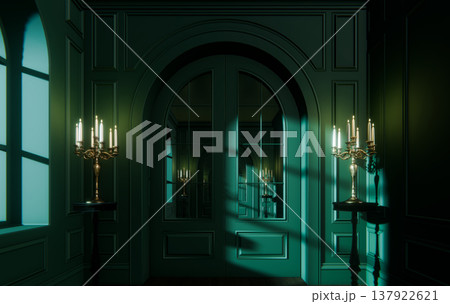 Sinister Dark Gothic Corridor Mystery Portal, 3D Render Haunted Palace 137922621