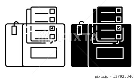 Linear icon. Ballot forms for voting for candidates are dropped into the ballot box. Simple black and white vector symbol isolated on white background Linear icon. Ballot forms for voting for candidates are dropped into the ballot box. Simple black and white vector symbol isolated on white background 137923340