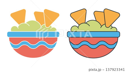 Linear icon. Bowl of Mexican guacamole with crispy triangular corn chips for an appetizer. Simple colored vector symbol isolated on white background 137923341
