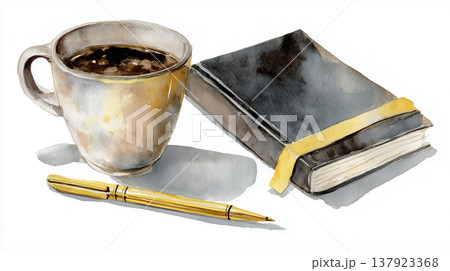 コーヒー、ノート、万年筆を配置したミニマルな水彩画セット 137923368