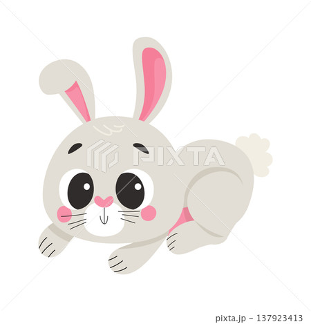 Cute Easter bunny vector character lying on belly, smiling cartoon rabbit isolated on light background, adorable spring holiday animal for kids cards, stickers and nursery design Cute Easter bunny vector character lying on belly, smiling cartoon rabbit isolated on light background, adorable spring holiday animal for kids cards, stickers and nursery design 137923413