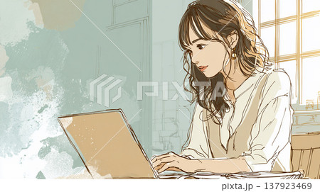 自宅でノートパソコン作業をする若い日本人女性（線画・色鉛筆風イラスト） 137923469