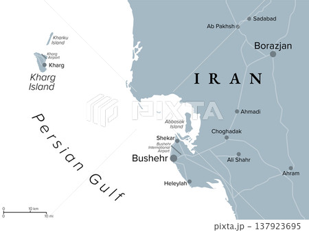 Kharg Island, also Khark or Charg Island, political map. Referred to as Forbidden Island of Iran in the Persian Gulf, northwest of Strait of Hormuz, about 55 km northwest of port city Bushehr. Vector 137923695