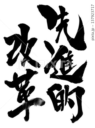 先進的改革・・・筆文字素材の手書きの墨で書いたイラスト文字　文字　筆文字　手書き 137923717