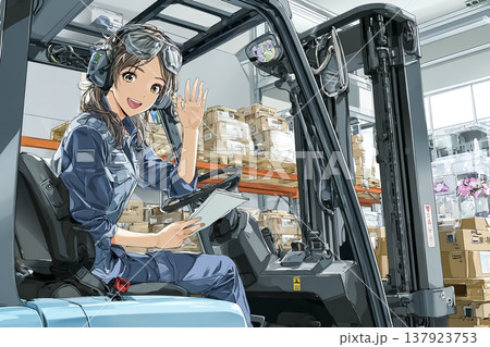 働く女性シリーズ：フォークリフトを運転する女性スタッフ｜倉庫で手を振る物流現場の仕事イメージ 137923753
