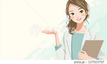 タブレットを持って案内する若い日本人女性（ビジネス・サポートイメージ・イラスト） 137923797