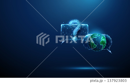 3d blue two speech bubbles with question mark and planet Earth. Global inquiry, international communication, worldwide interaction, digital networking support concept 137923803