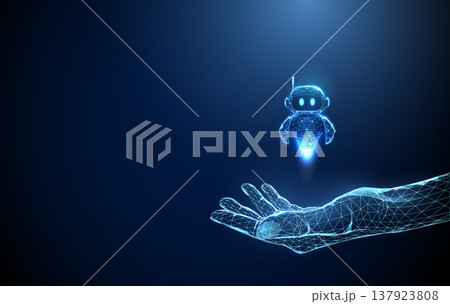 3d blue flying robot hovering above an open palm. AI assistant interaction, smart agent support, personalized digital companion virtual helper deployment concept. 3d blue flying robot hovering above an open palm. AI assistant interaction, smart agent support, personalized digital companion virtual helper deployment concept. 137923808
