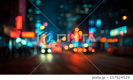 ネオンが輝く夜の都市風景のぼかし背景（抽象・ビジネス・コピースペース） 137924529