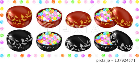 金平糖が入った赤と黒の漆器のボンボニエール　高級感のある金と銀の葉模様入り 137924571