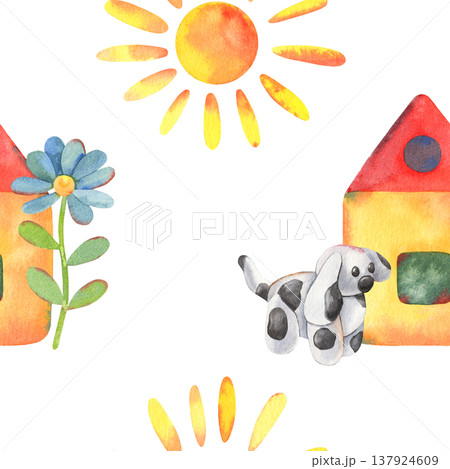 Hand-painted watercolor seamless pattern, children drawing sun, house, clay dog, flower isolated on white. Perfect for printing, design, kids products, nursery decor, textiles, stationery, branding 137924609