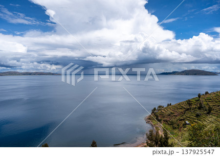 Scenic view of nature and terraced fields on Taquile Island, Peru Scenic view of nature and terraced fields on Taquile Island, Peru 137925547