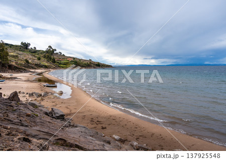 Sandy beach on Taquile Island, Lake Titicaca, Peru Sandy beach on Taquile Island, Lake Titicaca, Peru 137925548