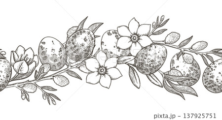 Easter seamless border with white flower and quail eggs in vintage sketch style. Hand drawn vector design of willow and grass. Graphic print ideal for card template. Perfect for spring holiday season. Easter seamless border with white flower and quail eggs in vintage sketch style. Hand drawn vector design of willow and grass. Graphic print ideal for card template. Perfect for spring holiday season. 137925751