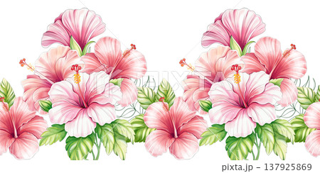 Hibiscus flower watercolor blossom brunch, seamless border ornament Hibiscus flower watercolor blossom brunch, seamless border ornament 137925869