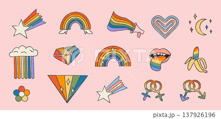 Hand-drawn retro Pride icon set with rainbow gradients and inclusive LGBTQ symbols. Vibrant nostalgic doodle set with gender symbols, rainbows, groovy 70s aesthetics. Isolated vector illustration. Hand-drawn retro Pride icon set with rainbow gradients and inclusive LGBTQ symbols. Vibrant nostalgic doodle set with gender symbols, rainbows, groovy 70s aesthetics. Isolated vector illustration. 137926196