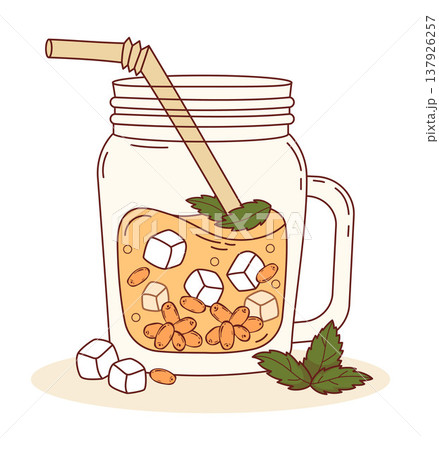Sea Buckthorn Cocktail Drink with Ice Cubes, Orange Berries in clear mason jar. Summer Refreshing Cocktail with straw and Mint. Vector Illustration Lemonade Healthy Seasonal Smoothie Spritzer. 137926257