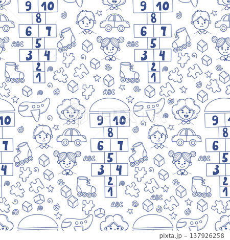 Cute Childhood Playing Seamless Doodle Pattern. Blue Line Art Hopscotch Games, Children Faces, Cars, Planes, and Roller Skates on White Background. Vector Illustration. Baby Nursery Hand Drawn 137926258