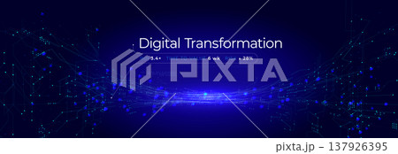 Abstract Digital Transformation AI Neuronal Connection Overflow Light Lines, Blue Neon Glowing Pathway. Innovate Neural Scientific Complex Researching. Neuro Science Research. Vector Illustration 137926395