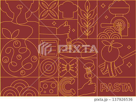 Seamless Italian pasta pattern with spaghetti in geometric line art style, modern abstract kitchen background 137926536