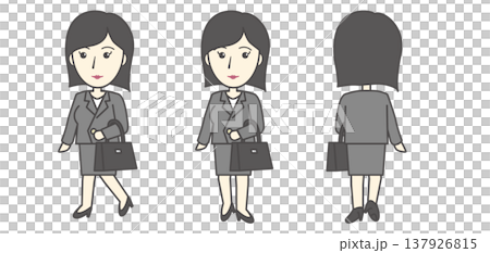 A set of three vector images showing a businesswoman in a gray suit walking and standing with a bag. A set of three vector images showing a businesswoman in a gray suit walking and standing with a bag. 137926815