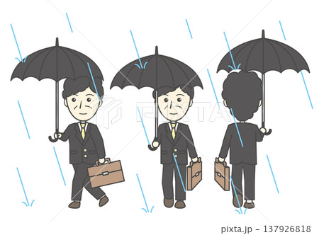 雨の日を通勤する中年・シニアの男性会社員 傘を差して歩く姿 3方向セット素材 137926818