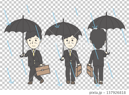 雨の日を通勤する中年・シニアの男性会社員 傘を差して歩く姿 3方向セット素材 137926818