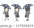 雨の日を通勤する女性会社員 柄入りの傘を差して歩く姿 3方向セット素材 137926819