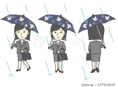雨の日を通勤する女性会社員 柄入りの傘を差して歩く姿 3方向セット素材 雨の日を通勤する女性会社員 柄入りの傘を差して歩く姿 3方向セット素材 137926819