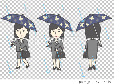 雨の日を通勤する女性会社員 柄入りの傘を差して歩く姿 3方向セット素材 雨の日を通勤する女性会社員 柄入りの傘を差して歩く姿 3方向セット素材 137926819