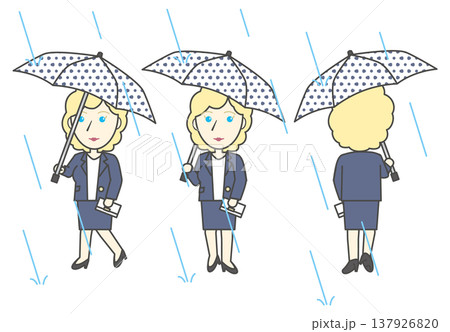 雨の日を通勤する金髪の外国人ビジネスマン 傘とバッグを持って歩く 3方向セット素材 雨の日を通勤する金髪の外国人ビジネスマン 傘とバッグを持って歩く 3方向セット素材 137926820