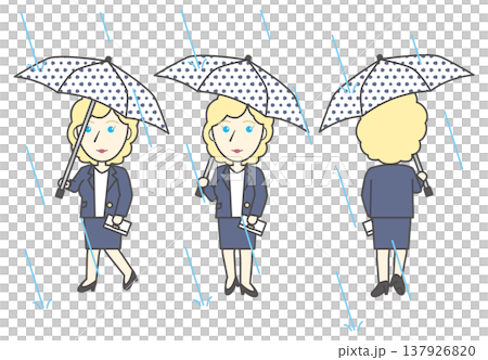 雨の日を通勤する金髪の外国人ビジネスマン 傘とバッグを持って歩く 3方向セット素材 雨の日を通勤する金髪の外国人ビジネスマン 傘とバッグを持って歩く 3方向セット素材 137926820