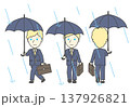 金髪の外国人ビジネスマン 傘を差して雨の中を歩く 正面・背面・斜めのポーズセット 137926821