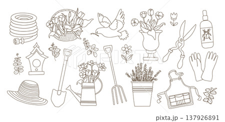 Gardening Line Art Set. Tools Plants Accessories Gardening Line Art Set. Tools Plants Accessories 137926891