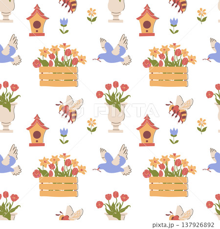 Gardening Pattern White Background. Flowers Bird Bee Gardening Pattern White Background. Flowers Bird Bee 137926892