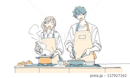 料理をする若い男女 137927162