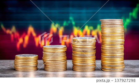 Four stacks of gold coins arranged in ascending height on a reflective surface, with a blurred background featuring colorful financial charts and market data 137927298