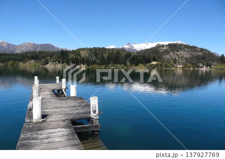 Beautiful panoramic view of the pier on the Nahuel Huapi lake, in Bariloche. 137927769