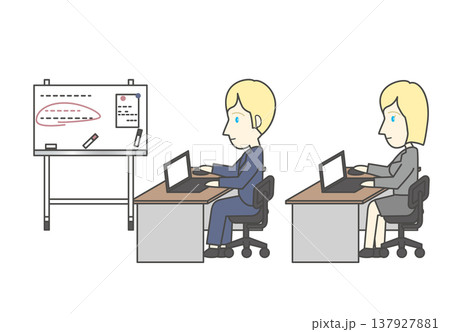 ホワイトボードのあるオフィスでデスクワークをする金髪の外国人ビジネスパーソンのセット 137927881