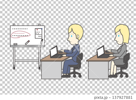 ホワイトボードのあるオフィスでデスクワークをする金髪の外国人ビジネスパーソンのセット 137927881